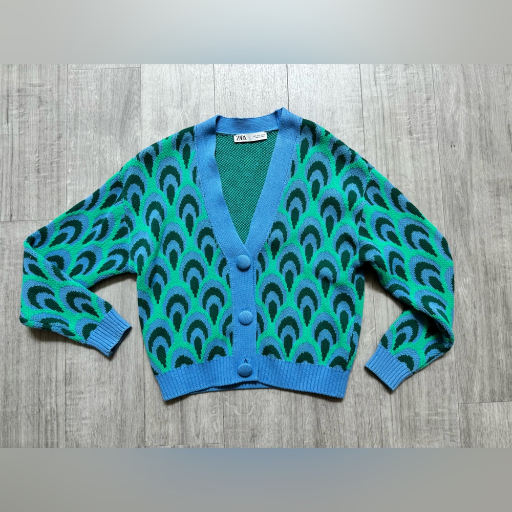Zara Blue and Green Patterned Cardigan - Picture 5 of 9